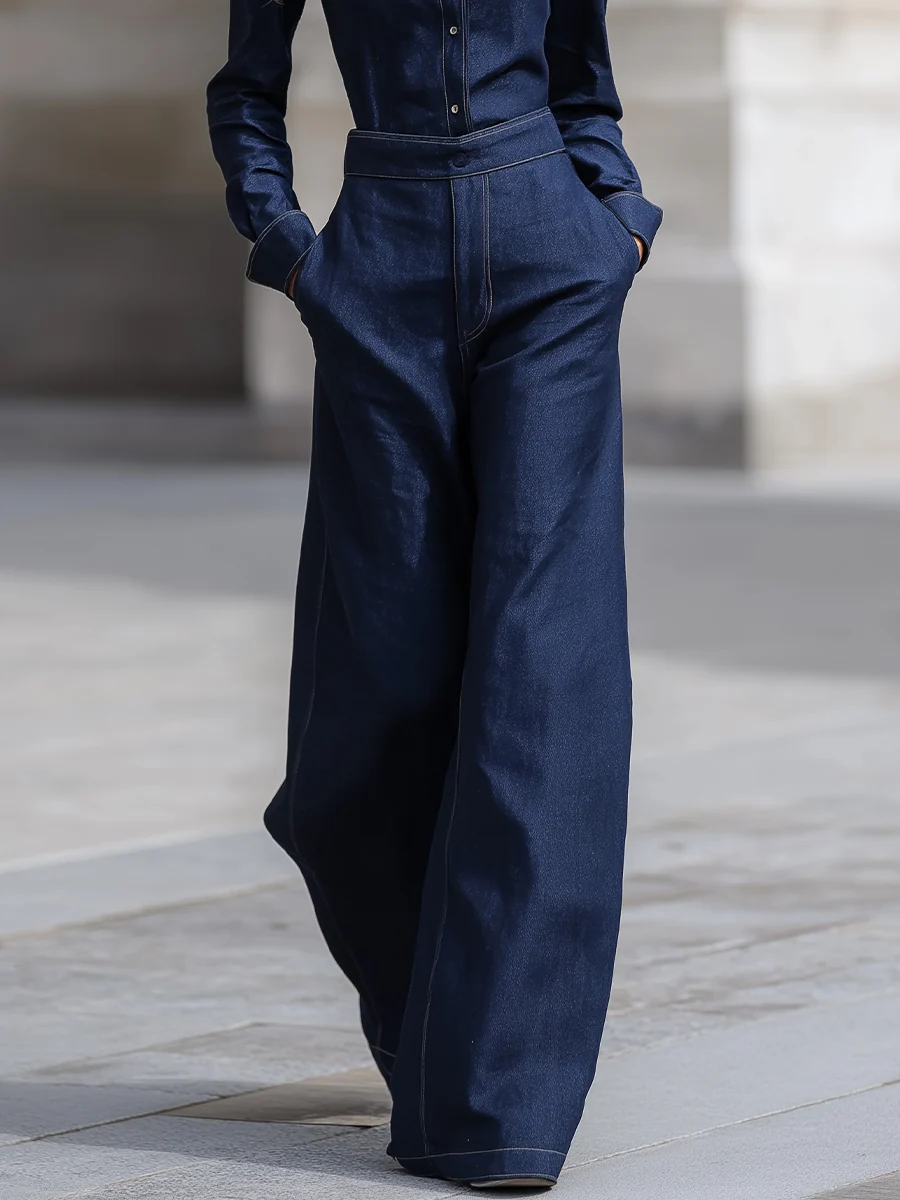Denim Shirt And Wide-Leg Pants Set