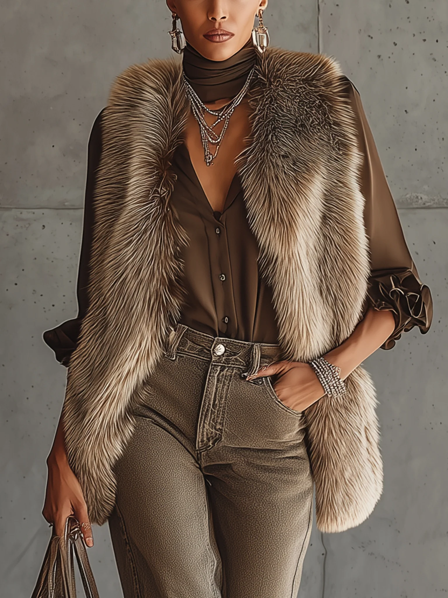 Taupe Gradient Faux Fox Fur Eco Friendly Vest