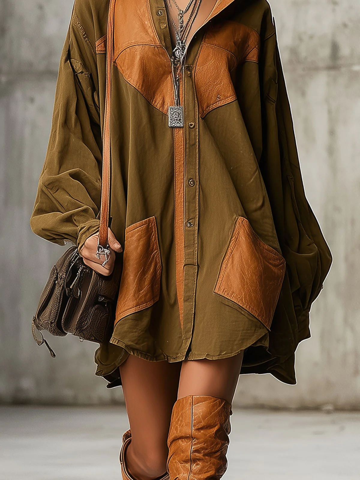 Olive Green Faux Suede Color Blocked Loose Mini Dress