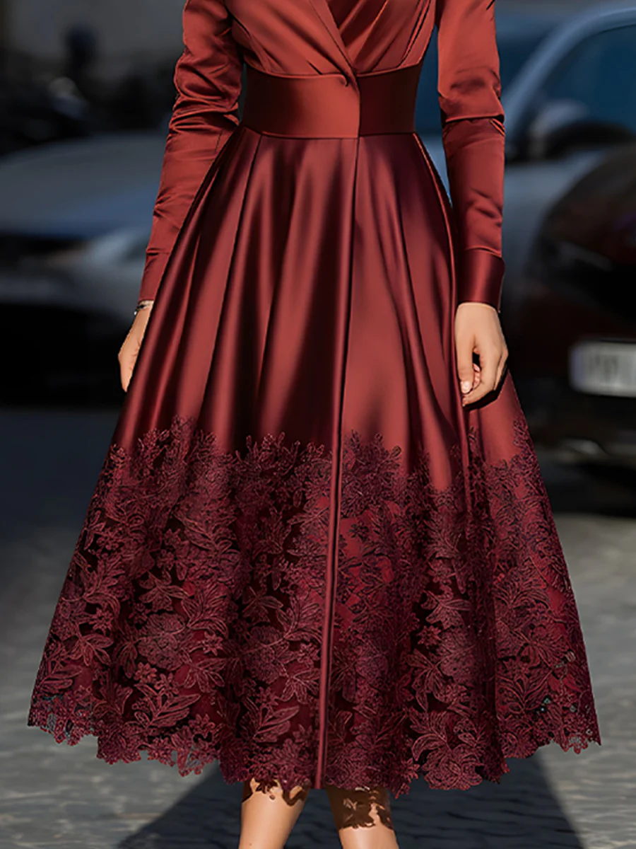 Burgundy Satin Belted Midi Dress With Lace Hem