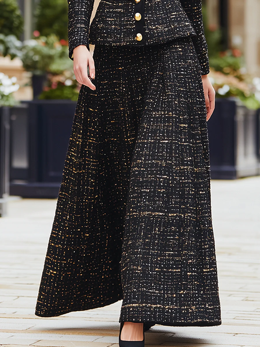 Black Gold Tweed Belted Jacket & Maxi Skirt Set