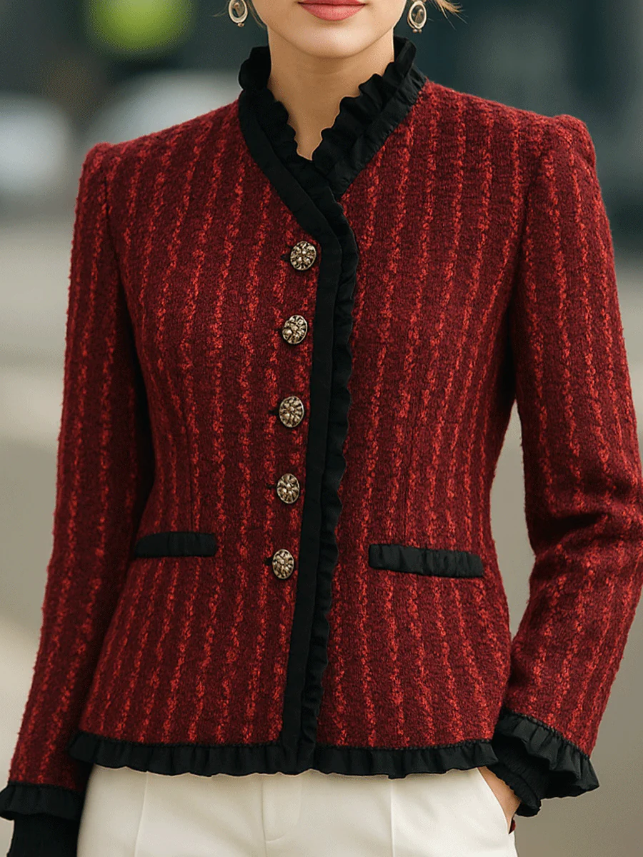 Red Textured Tweed Jacket With Black Ruffle Trim