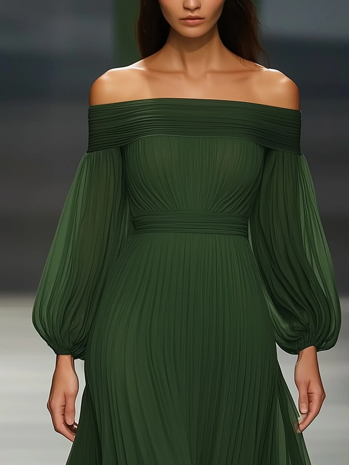 24-Hour-Shipping Off-shoulder Green Chiffon Maxi Dress