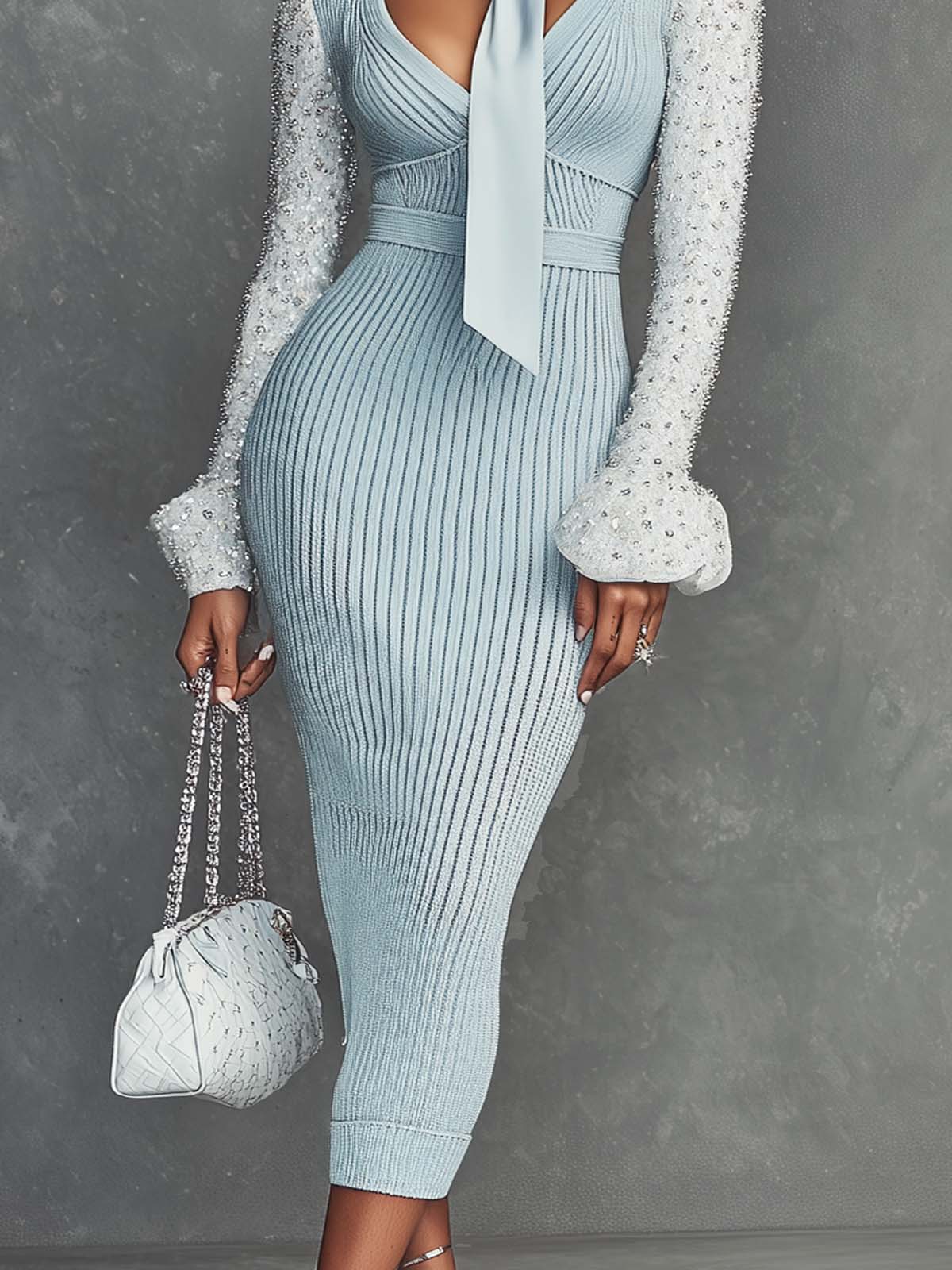 Sky Blue Knitted Patchwork Sleeve And Ribbon Midi Dress