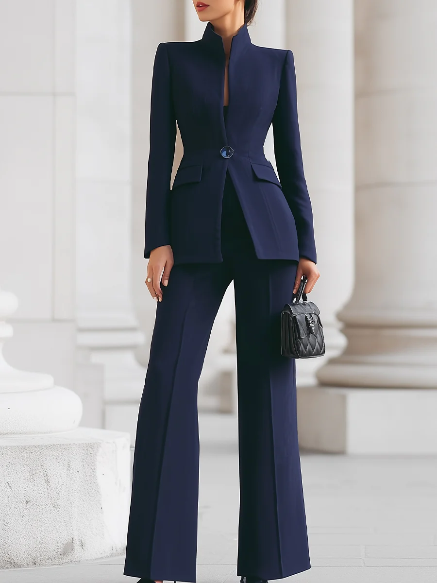 Sophisticated  High-Collar Blazer & Wide-Leg Trousers Set