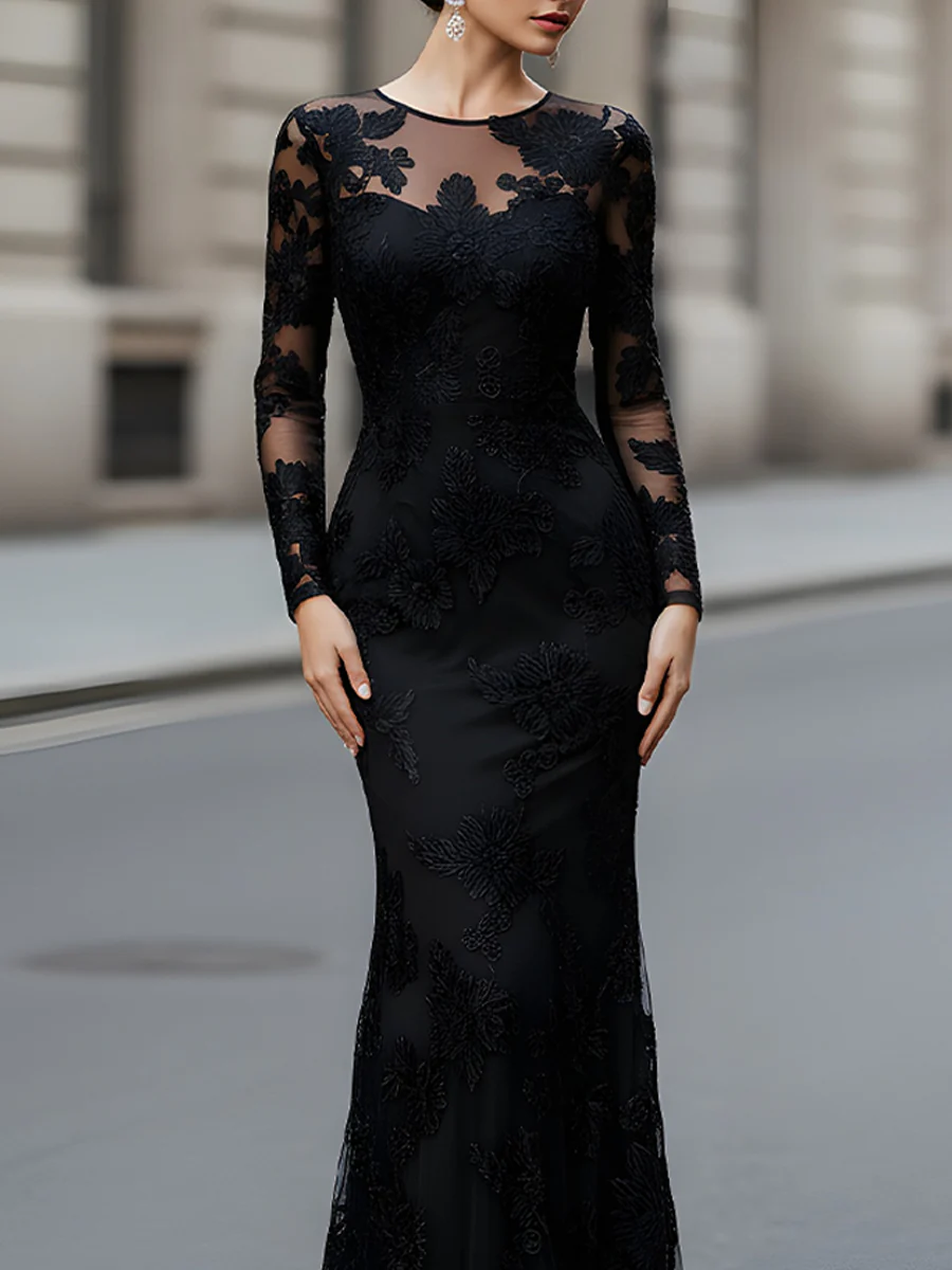 Black Floral Embroidered Illusion Evening Gown