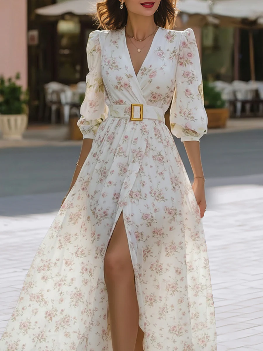 Romantic Floral Chiffon Maxi Dress With Belted Waist