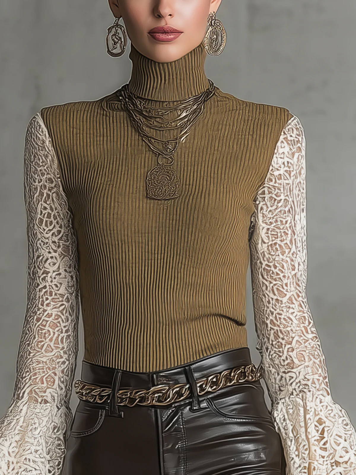 Olive Ribbed Turtleneck Top With Lace Bell Sleeves
