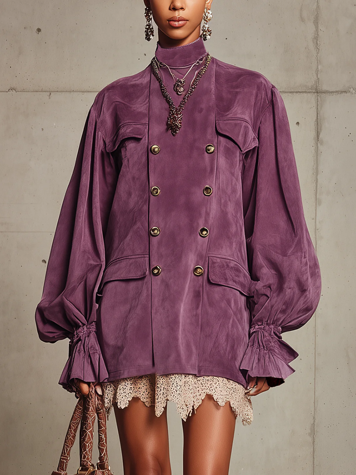 Plum Faux Suede Double-Breasted Blouse With Statement Sleeves