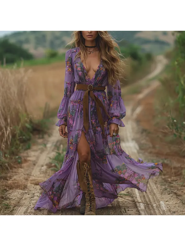 Retro V-neck Floral Women's Long-sleeved Long Skirt Country Pastoral Retro Dress