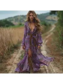 Retro V-neck Floral Women's Long-sleeved Long Skirt Country Pastoral Retro Dress