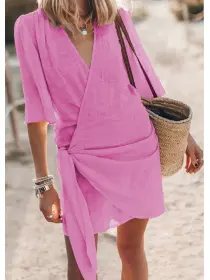 Casual Cotton And Linen Cross V-neck Spring And Summer Short-sleeved Dress