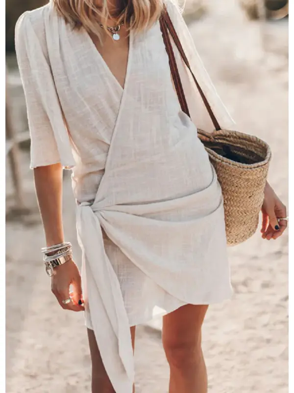 Casual Cotton And Linen Cross V-neck Spring And Summer Short-sleeved Dress