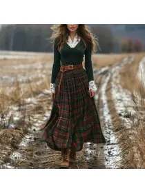 Women's Retro Plaid V-neck Long-sleeved Long Skirt Pastoral Style Dress