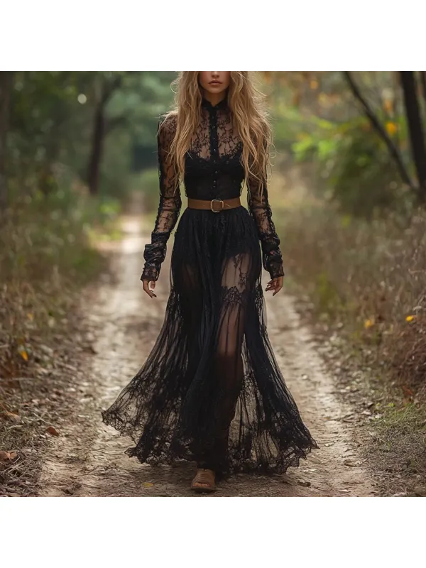 Retro V-neck Lace Women's Long-sleeved Dress Pastoral Style Lace Retro Long Dress