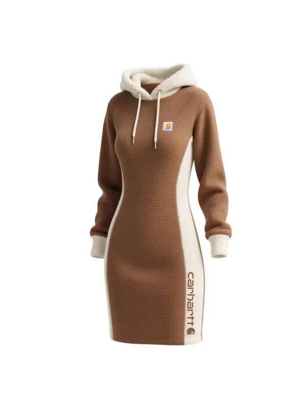 Women's Color-Blocked Waffle Textured Hooded Long Sweatshirt Dress