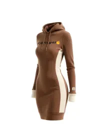 Women's Vertical Striped Color Block Hooded Long Sweatshirt Dress