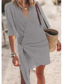 Casual Cotton And Linen Cross V-neck Spring And Summer Short-sleeved Dress