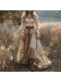 Retro V-neck Lace Linen Women's Long-sleeved Long Skirt Pastoral Style Linen Dress