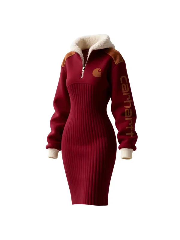 Women's Contrast Color Stitching Suede Lambswool Lapel Hooded Long Sweatshirt