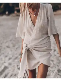 Casual Cotton And Linen Cross V-neck Spring And Summer Short-sleeved Dress