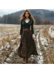 Women's Retro Plaid V-neck Long-sleeved Long Skirt Pastoral Style Dress