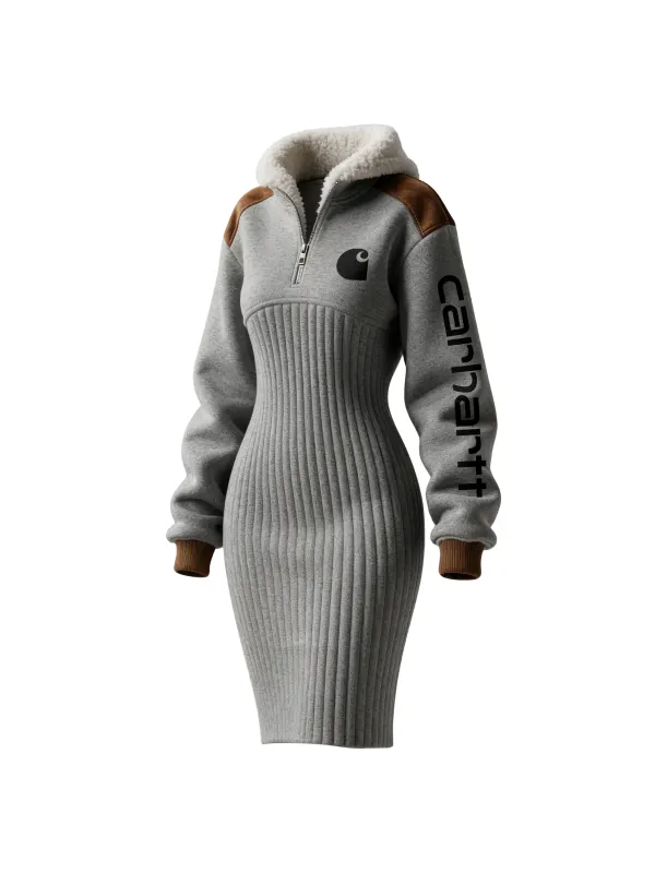 Women's Contrast Color Stitching Suede Lambswool Lapel Hooded Long Sweatshirt