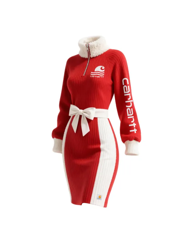 Women's Vertical Striped Color Block Stand Collar Long Sweatshirt Dress