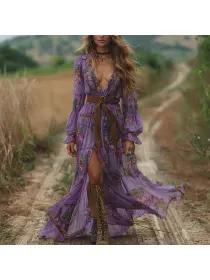 Retro V-neck Floral Women's Long-sleeved Long Skirt Country Pastoral Retro Dress