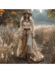 Retro V-neck Lace Linen Women's Long-sleeved Long Skirt Pastoral Style Linen Dress