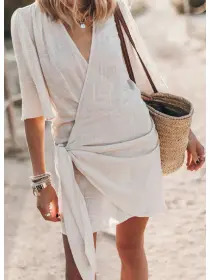 Casual Cotton And Linen Cross V-neck Spring And Summer Short-sleeved Dress