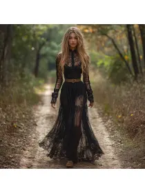 Retro V-neck Lace Women's Long-sleeved Dress Pastoral Style Lace Retro Long Dress