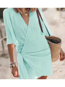 Casual Cotton And Linen Cross V-neck Spring And Summer Short-sleeved Dress