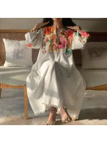 Women's Middle Eastern Floral Art Print Patchwork Jalabiyas Dress