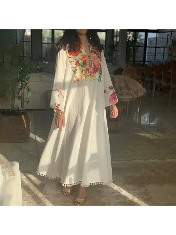 Women's Middle Eastern Floral Art Print Patchwork Jalabiyas Dress