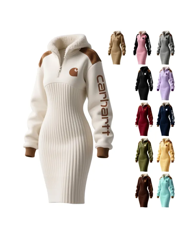 Women's Contrast Color Stitching Suede Lambswool Lapel Hooded Long Sweatshirt