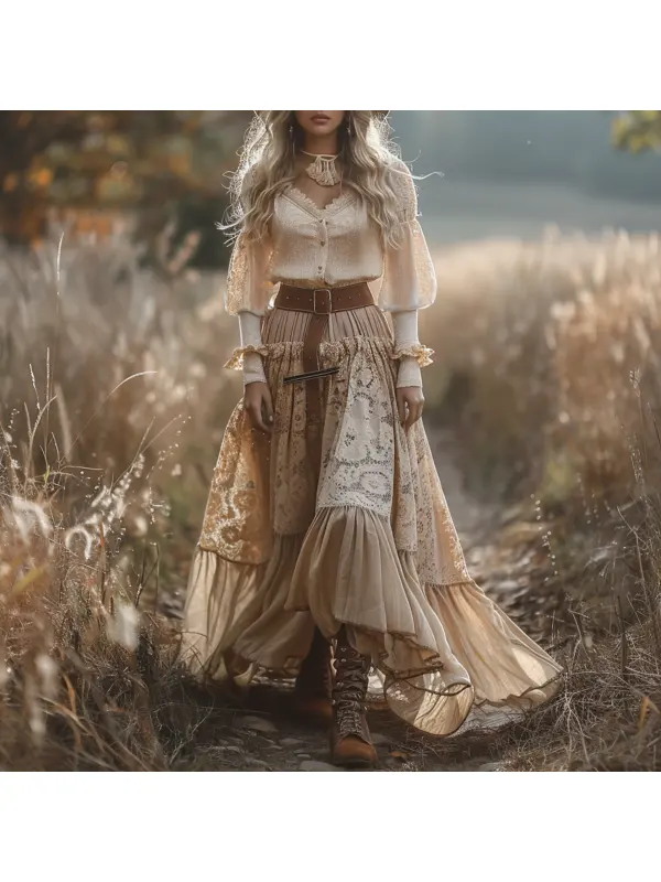 Retro V-neck Lace Linen Women's Long-sleeved Long Skirt Pastoral Style Linen Dress