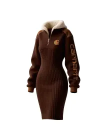 Women's Contrast Color Stitching Suede Lambswool Lapel Hooded Long Sweatshirt