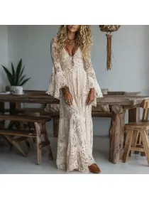 Elegant V-neck High Waist Lace Flared Long Sleeve Dress