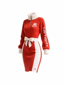 Women's Vertical Striped Color Block Stand Collar Long Sweatshirt Dress