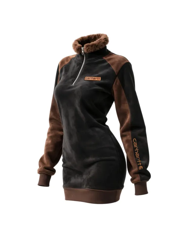 Women's Retro Western Suede 1/4 Zipper Fur Collar Stand Collar Long Dress Sweatshirt