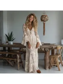 Elegant V-neck High Waist Lace Flared Long Sleeve Dress