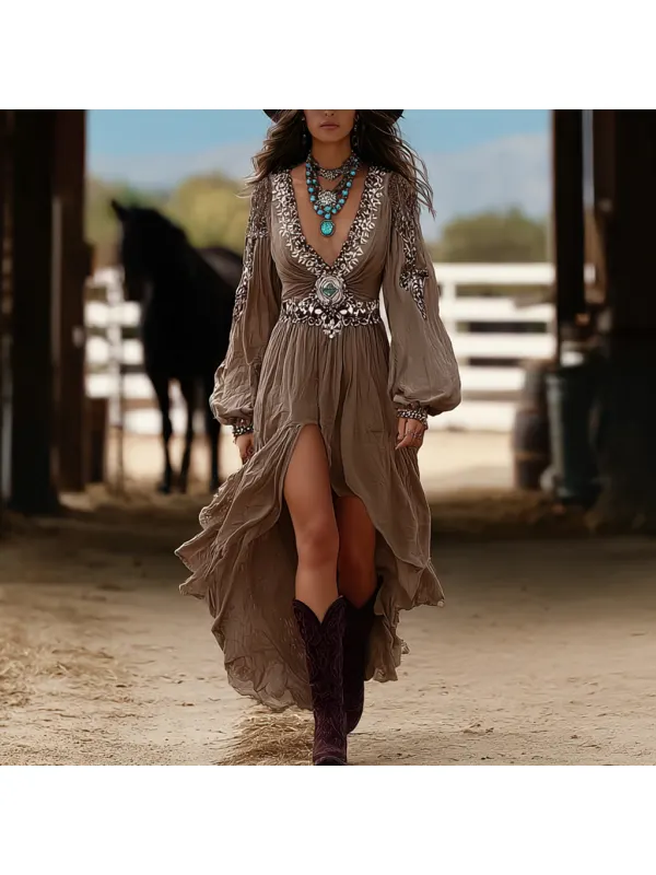 Western Cowgirl Linen Bohemian Vintage Dress