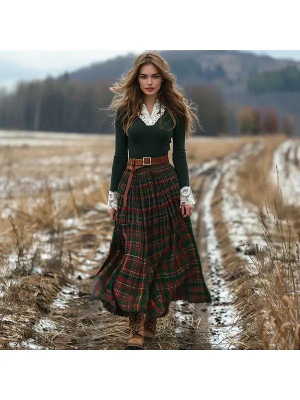 Women's Retro Plaid V-neck Long-sleeved Long Skirt Pastoral Style Dress