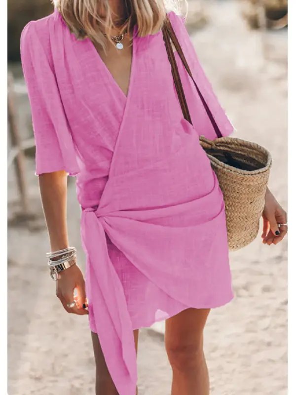 Casual Cotton And Linen Cross V-neck Spring And Summer Short-sleeved Dress