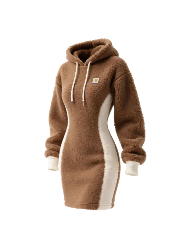 Women's Shearling Color Block Hooded Long Sweatshirt Dress