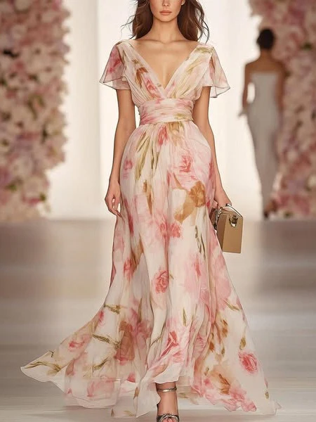 Floral Print V-neck Short-sleeved Waist Casual Maxi Dress