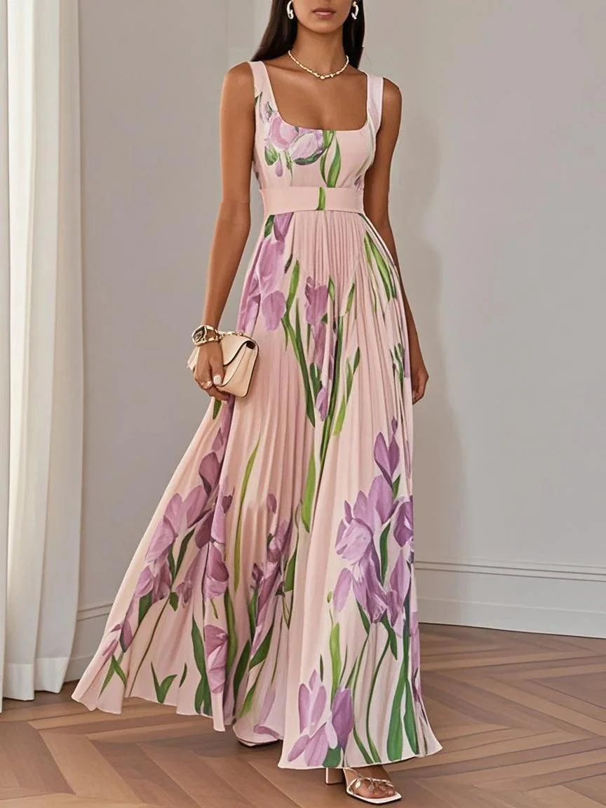 White Pleated Floral Chiffon Square Neck Sleeveless A-Line Maxi Dress