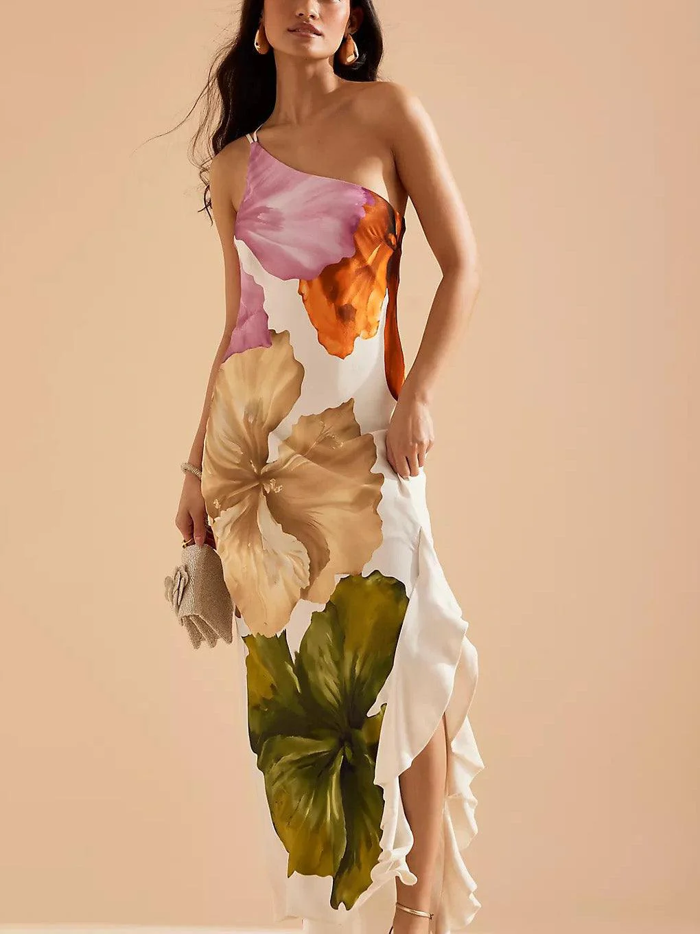 Elegant Exquisite Floral Print One-shoulder Maxi Dress