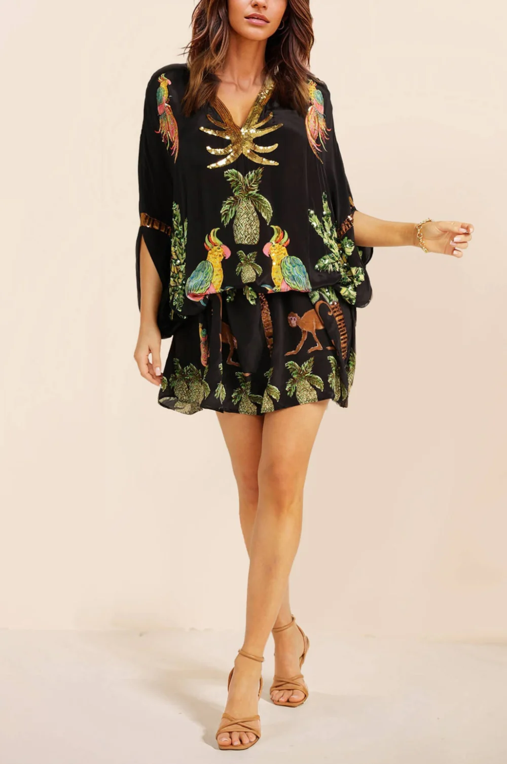Unique Drop Shoulder Sleeve Coconut Tree Printed Dress